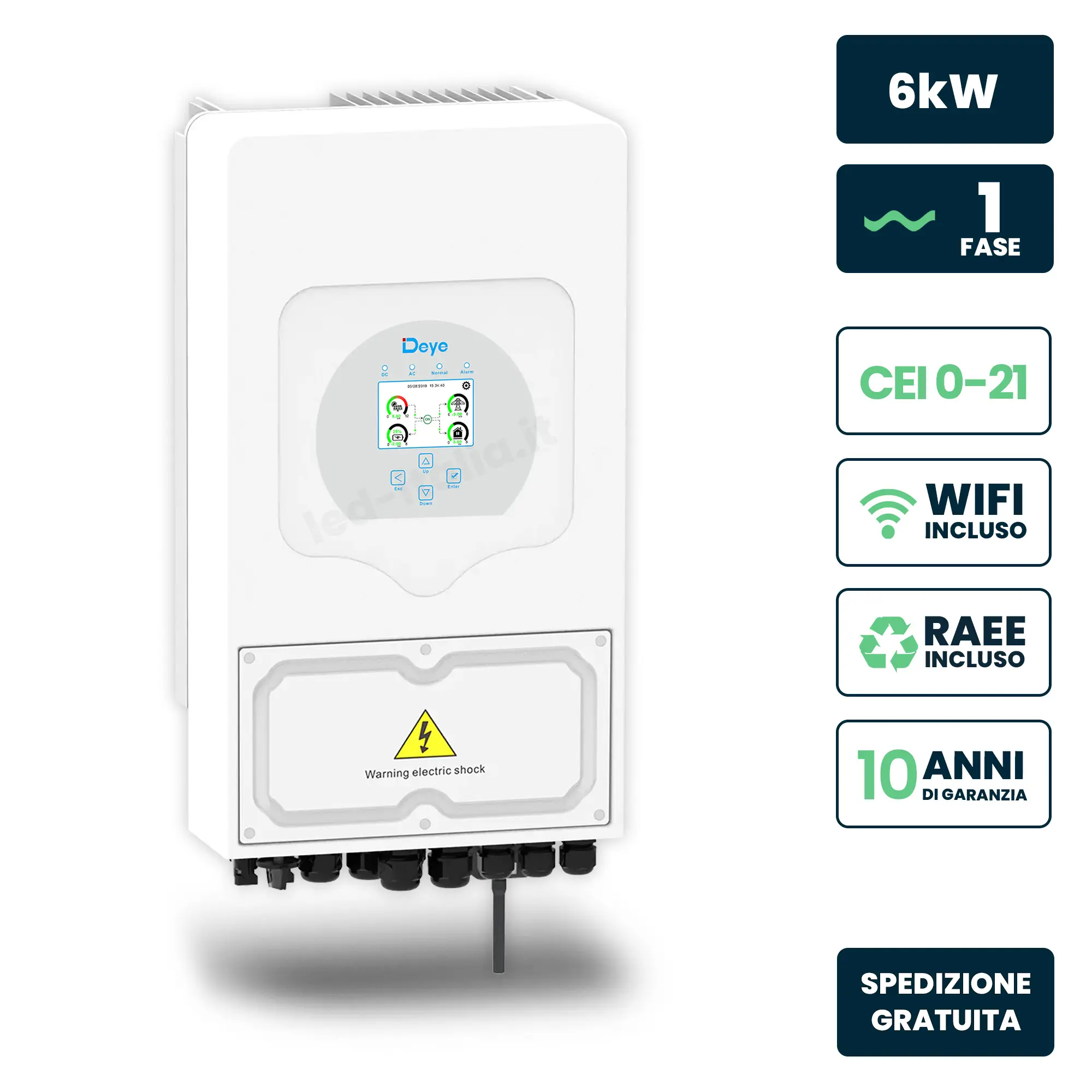 Inverter Ibrido Deye Monofase Ibrido 6kW CEI 0-21 Bianco Garanzia 10 Anni IP65