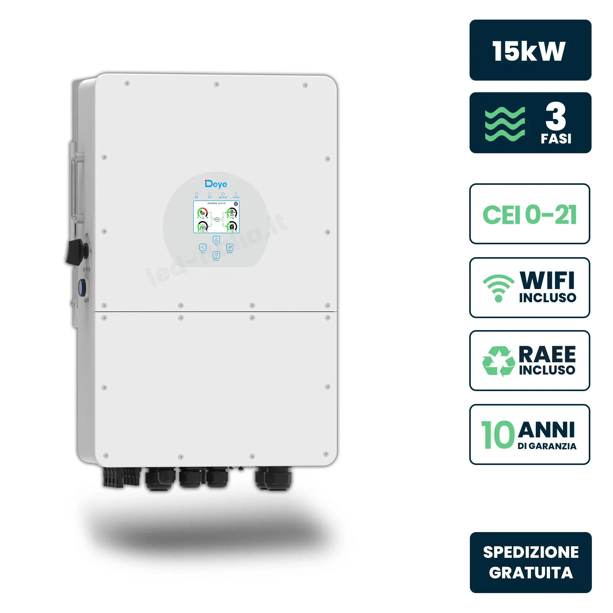 Inverter Ibrido Deye Trifase Ibrido Alta Tensione 15kW CEI 0-21 Bianco Garanzia 10 Anni IP65